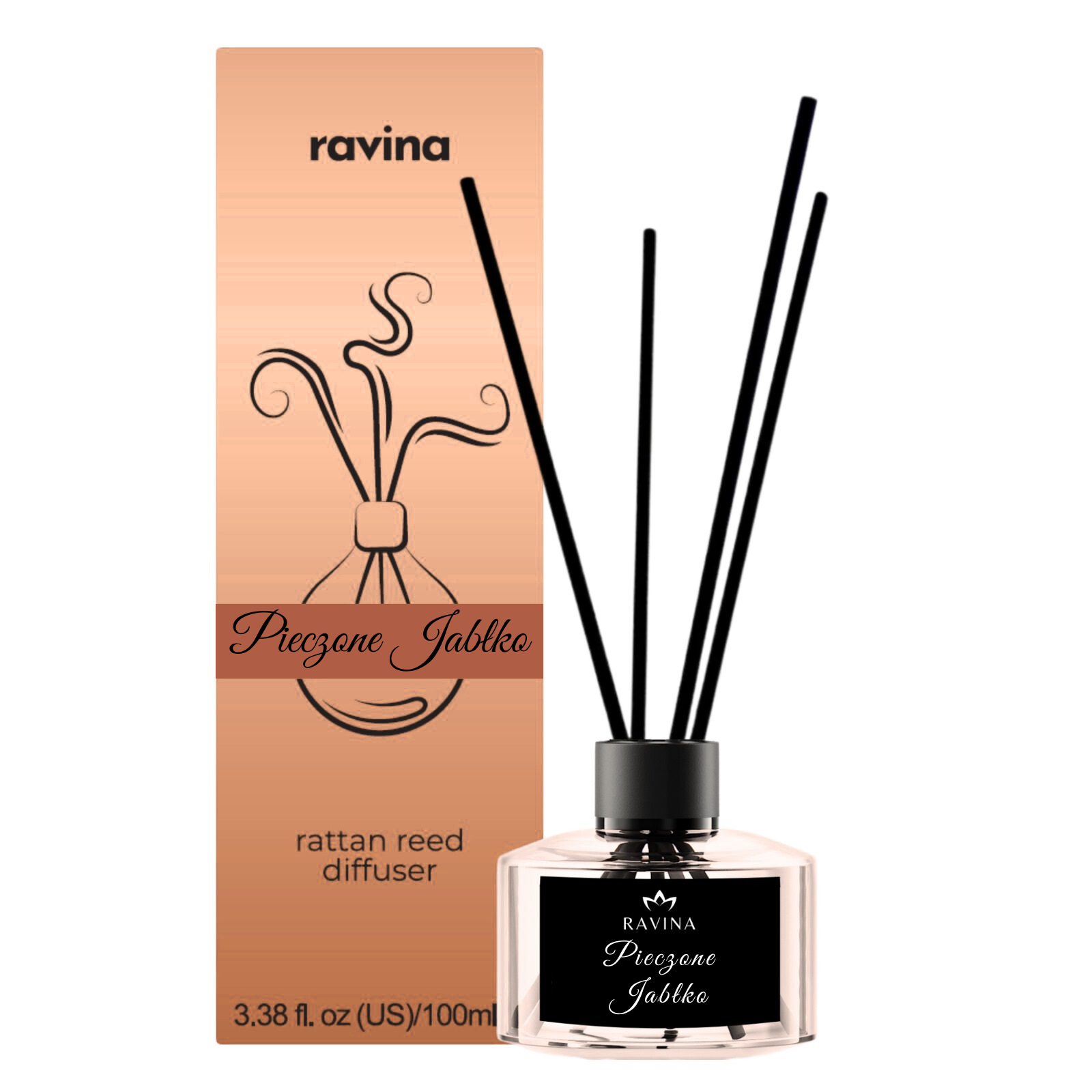 Rattanstäbchen-Diffusor „Gebackener Apfel“ in Glasflasche mit Duft von Apfel, Zimt und Vanille