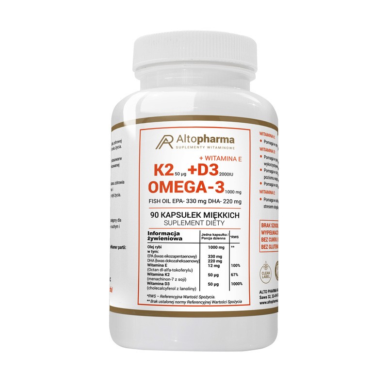 Alto Pharma Vitamin K2 + D3 + Omega-3 Weichkapseln für Erwachsene zur Unterstützung von Knochen, Zähnen, Muskeln und Immunsystem