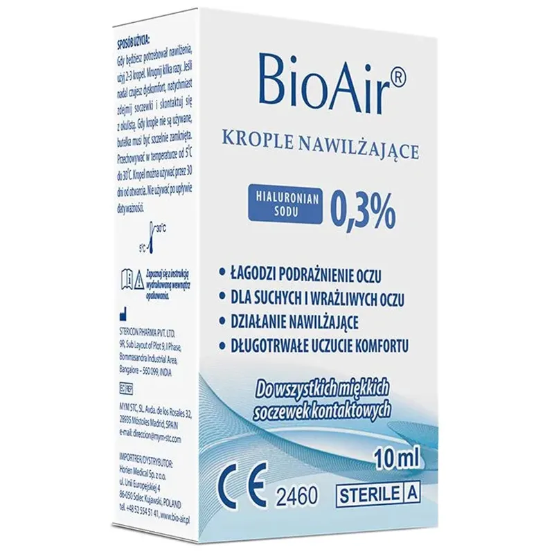 BioAir Moisturizing Augentropfen 10 ml mit Hyaluronsäure zur Befeuchtung trockener Augen und für Kontaktlinsenträger