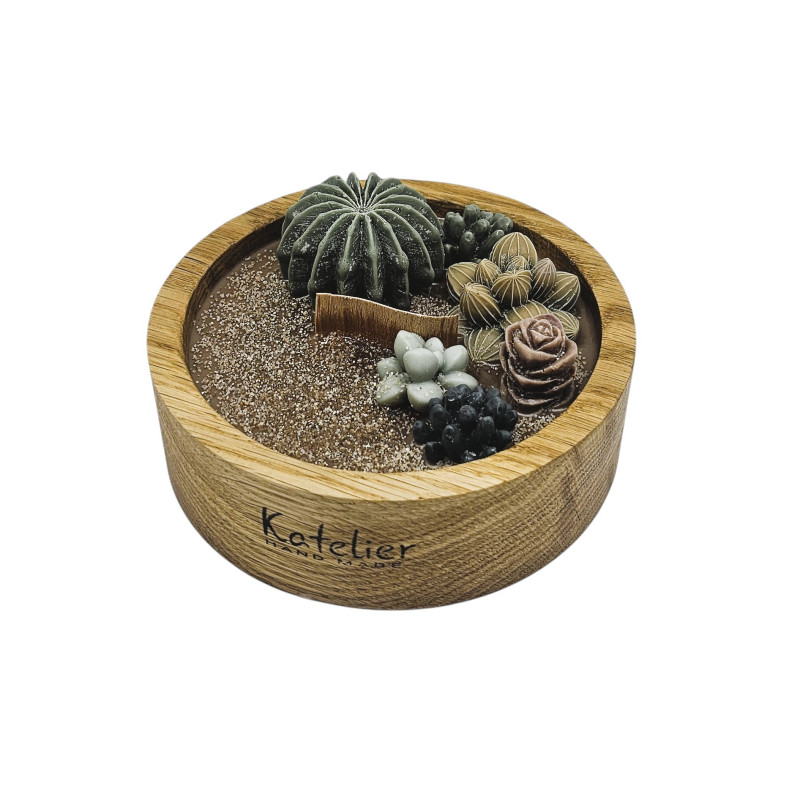 Duftkerze „Botanical Lux“ aus Sojawachs mit dekorativen Sukkulenten im Eichenholzgefäß, inspiriert von Bottega-Parfum, luxuriös und handgefertigt.