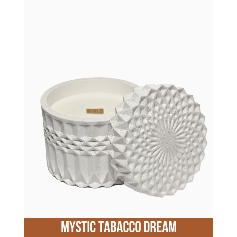 Sojawachs Duftkerze Silberne Oase 220 ml mit Holzdocht und Mystic Tobacco Dream Duft im weißen Gipsgefäß