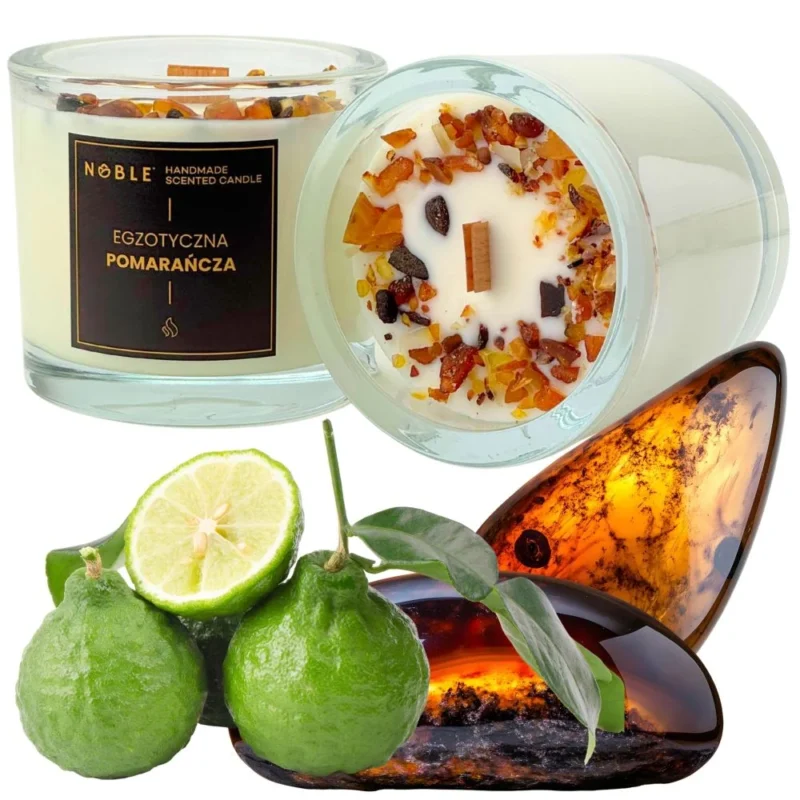 Noble Exotische Orange Sojakerze – große handgefertigte Kerze mit Zitrusduft aus Bergamotte und Orange, dekoriert mit Bernstein