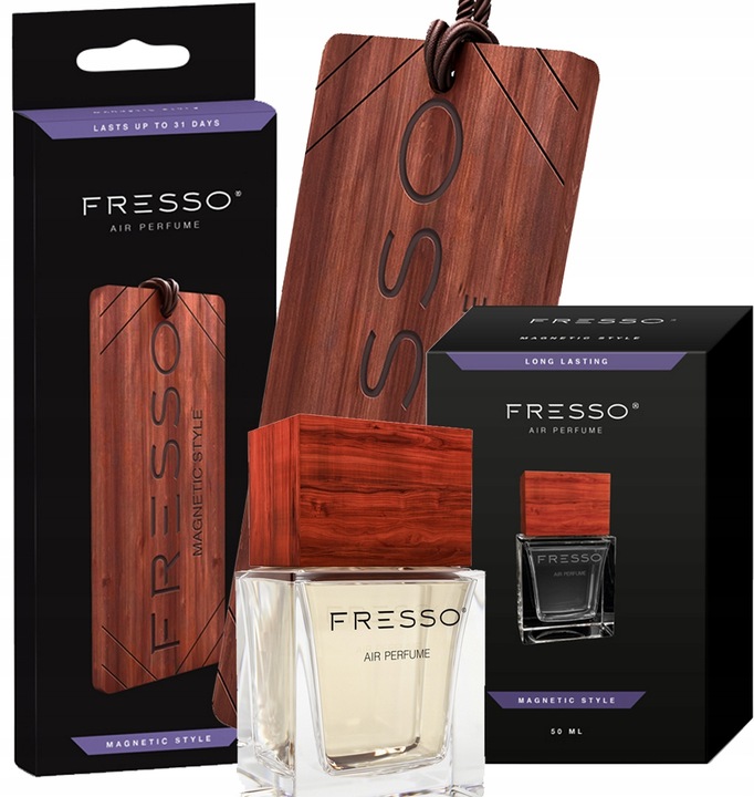 Fresso Magnetic Style Auto-Parfüm 50 ml mit elegantem Holz-Duftanhänger für intensiven und langanhaltenden Duft im Auto.