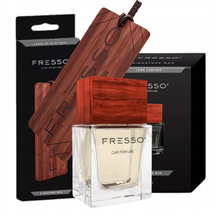 Fresso Signature Man Auto-Parfüm Set 50 ml mit Holzanhänger – maskuliner Duft aus Eichenmoos, Pfeffer, Tonkabohne und holzigen Noten für Auto und Innenräume