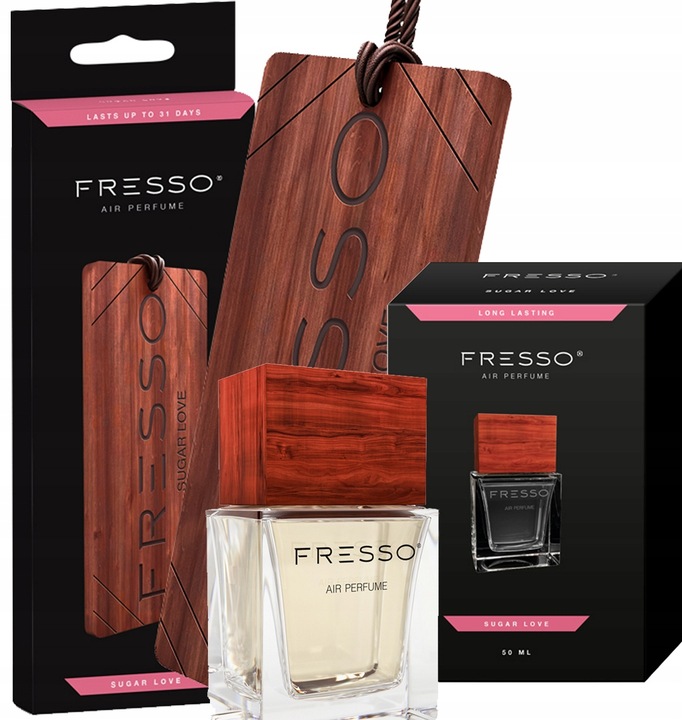 Fresso Sugar Love Auto-Parfüm Set 50 ml mit Duftanhänger, süßer fruchtiger Duft mit Vanille, Sandelholz und rosa Pfeffer