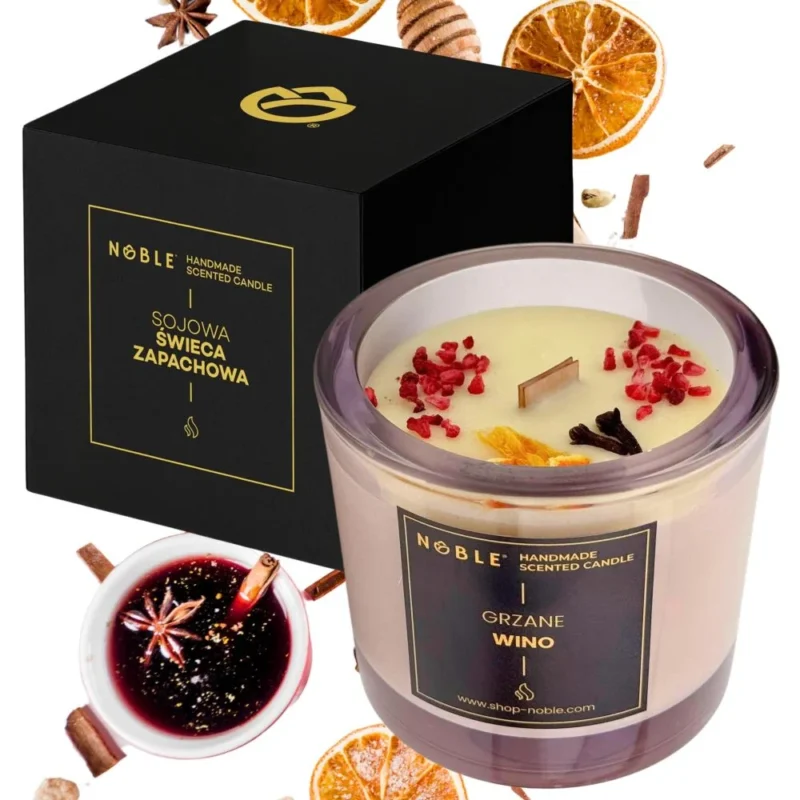 Handgefertigte Glühwein-Sojakerze 210 ml mit natürlichen ätherischen Ölen, Nelken- und Orangenduft für festliche Stimmung.