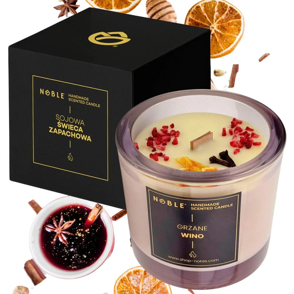 Handgefertigte Glühwein-Sojakerze 210 ml mit natürlichen ätherischen Ölen, Nelken- und Orangenduft für festliche Stimmung.