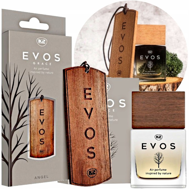K2 EVOS GRACE ANGEL Set – Holz-Duftanhänger und Auto-Parfum 50ml, blumig-fruchtiger Duft für das Auto.
