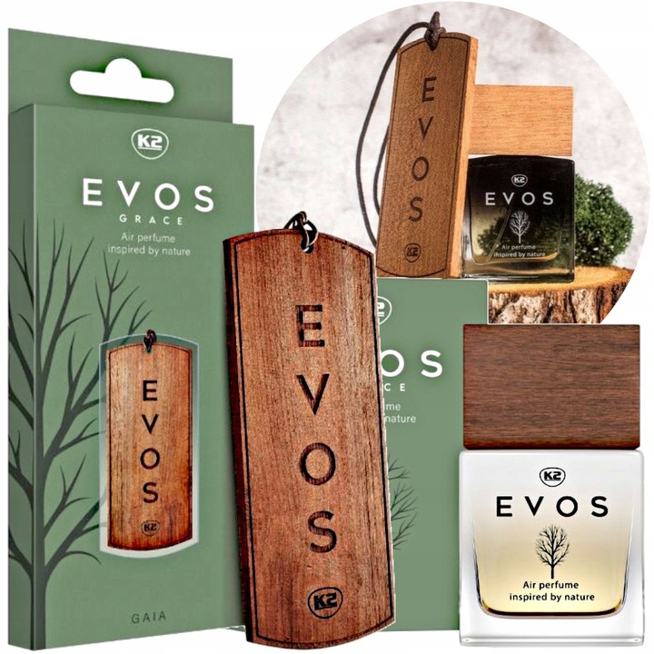K2 EVOS GRACE GAIA Set – Auto-Parfum 50ml und Holz-Duftanhänger, femininer Duft mit schwarzer Johannisbeere, Rose und Patchouli.