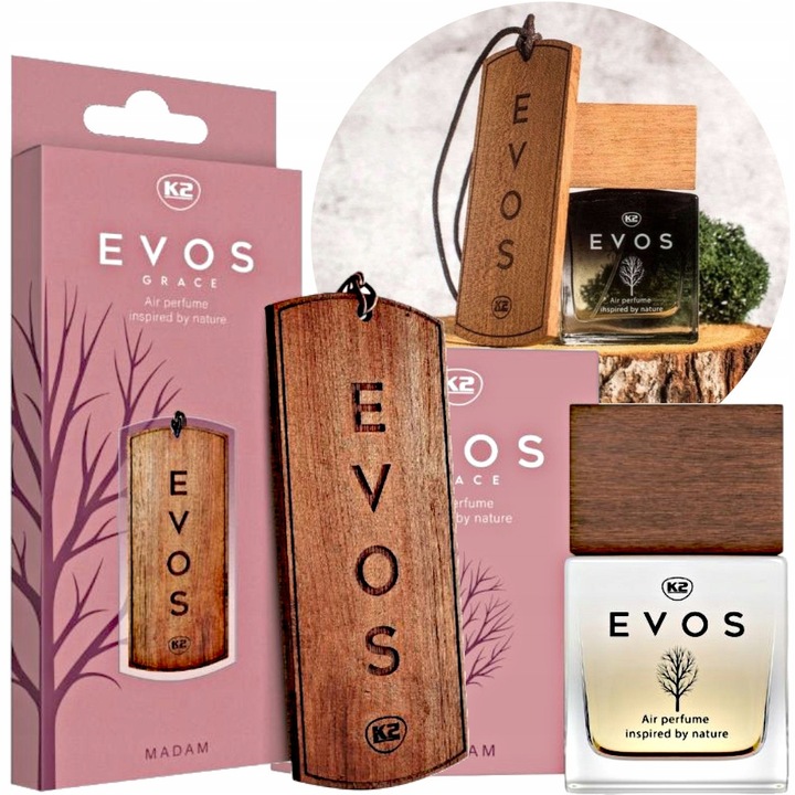 K2 EVOS GRACE MADAM Set – Auto-Parfum 50ml und Holz-Duftanhänger, blumig-frischer Damen-Duft fürs Auto.