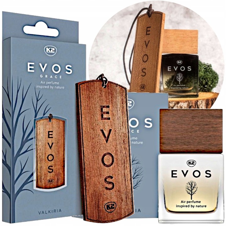 K2 EVOS GRACE VALKIRIA Set – Holz-Duftanhänger und Auto-Parfum 50ml, blumig-orientalischer Duft für das Auto.