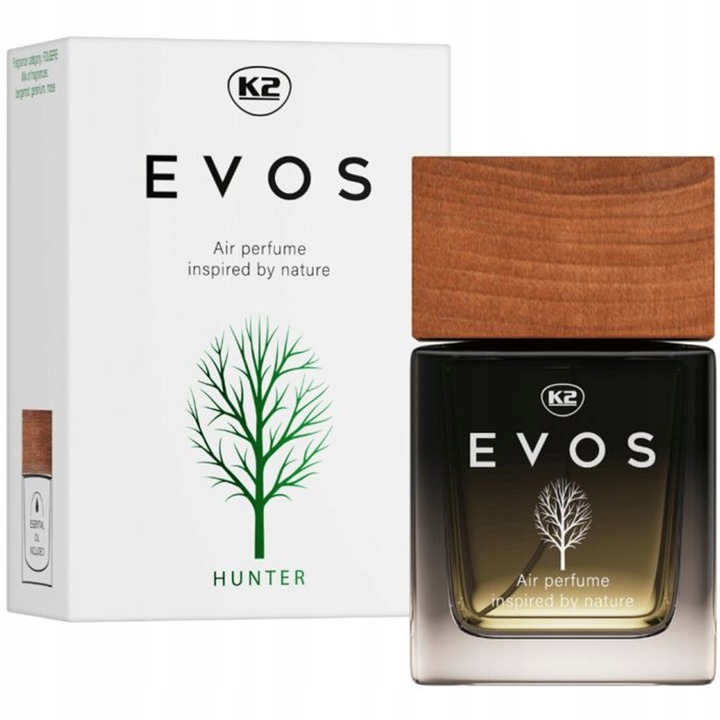 K2 EVOS HUNTER Auto-Parfum 50ml in eleganter Glasflasche mit Holzverschluss – frischer, waldiger Duft fürs Auto.