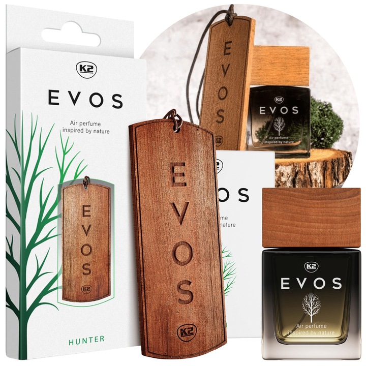 K2 EVOS HUNTER Set – Holz-Duftanhänger und Auto-Parfum 50ml, frischer, maskuliner Duft für das Auto.