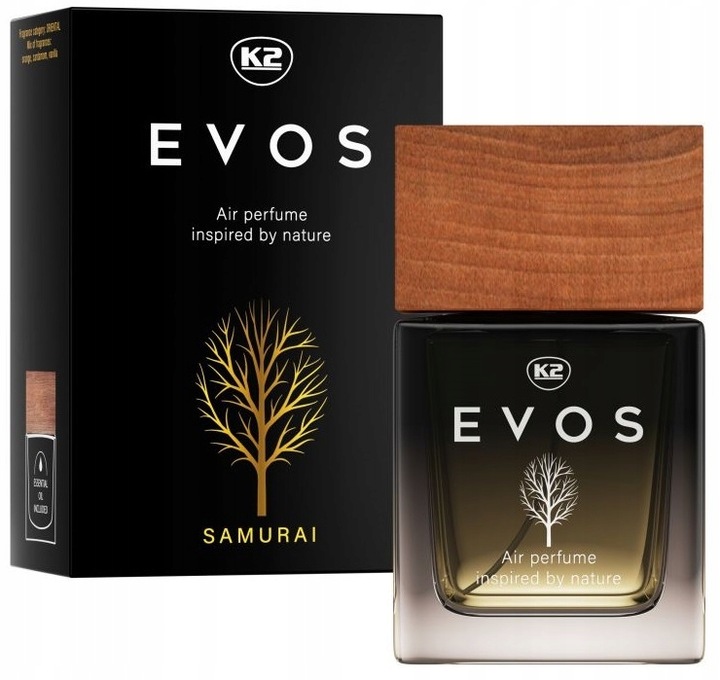 K2 EVOS SAMURAI Auto-Parfum 50ml in eleganter Glasflasche mit Holzverschluss – orientalischer Duft für das Auto.