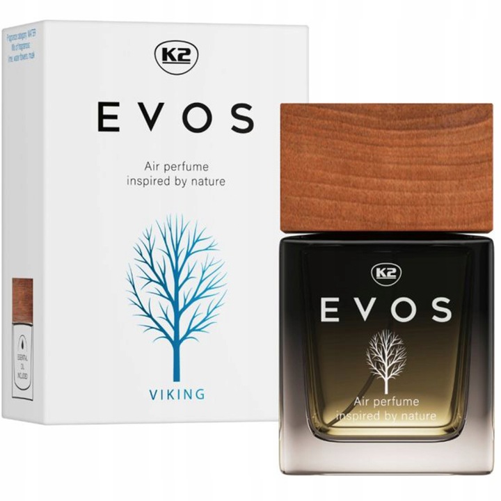 K2 EVOS VIKING Auto-Parfum 50ml in eleganter Glasflasche mit Holzverschluss – frischer, maskuliner Duft fürs Auto.