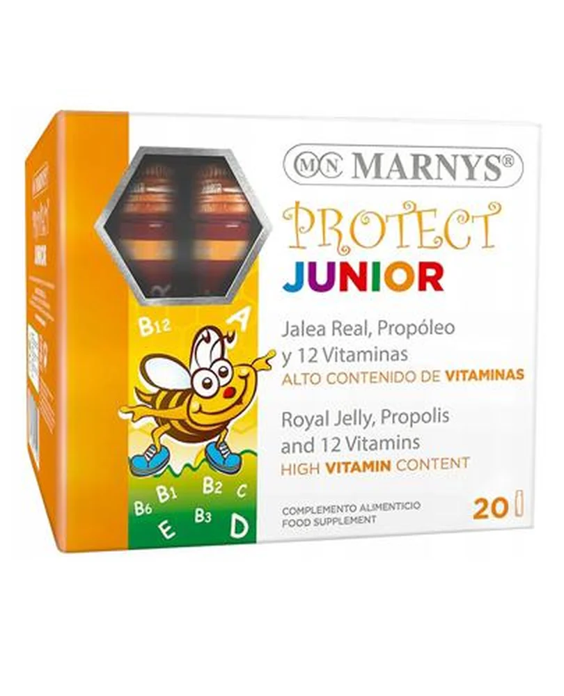 Marnys Protect Junior – 20 Ampullen mit Gelee Royal, Propolis und 12 Vitaminen zur Unterstützung des Immunsystems und Energie bei Kindern.