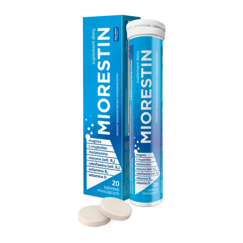 Miorestin Brausetabletten Packung – Nahrungsergänzung mit Magnesium, L-Tryptophan, Melatonin und Vitamin B3 für Erwachsene.