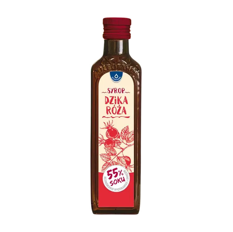 Oleofarm Hagebuttensirup 55% Saft, 250 ml, natürlicher Wildrosensaft zum Verdünnen oder als Zusatz zu Getränken und Tee