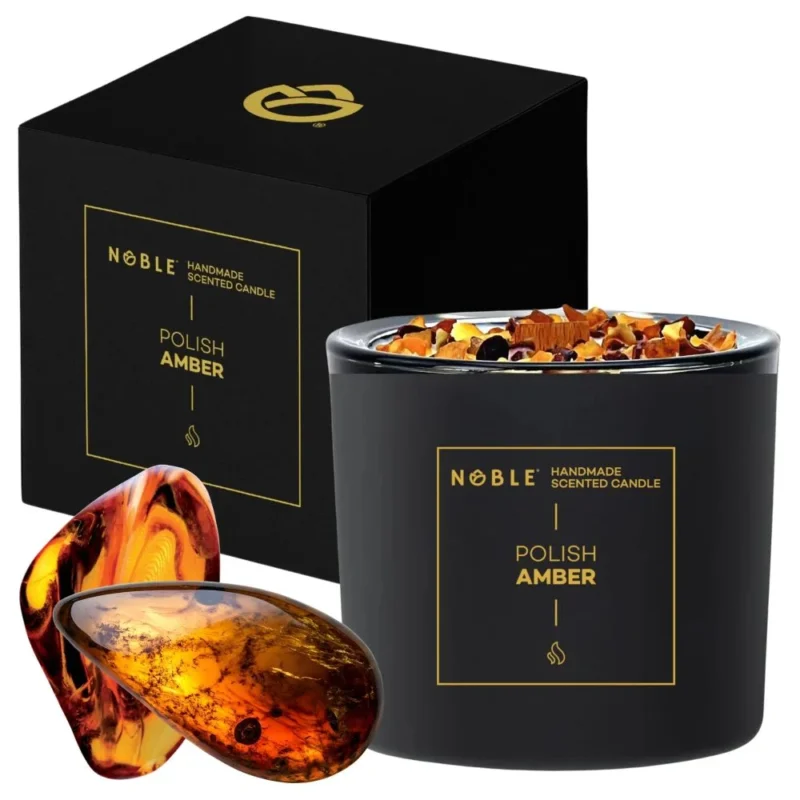 Polnischer Bernstein Sojakerze in schwarzem Glas mit echtem Bernstein, 210 ml, ca. 50 Stunden Brenndauer