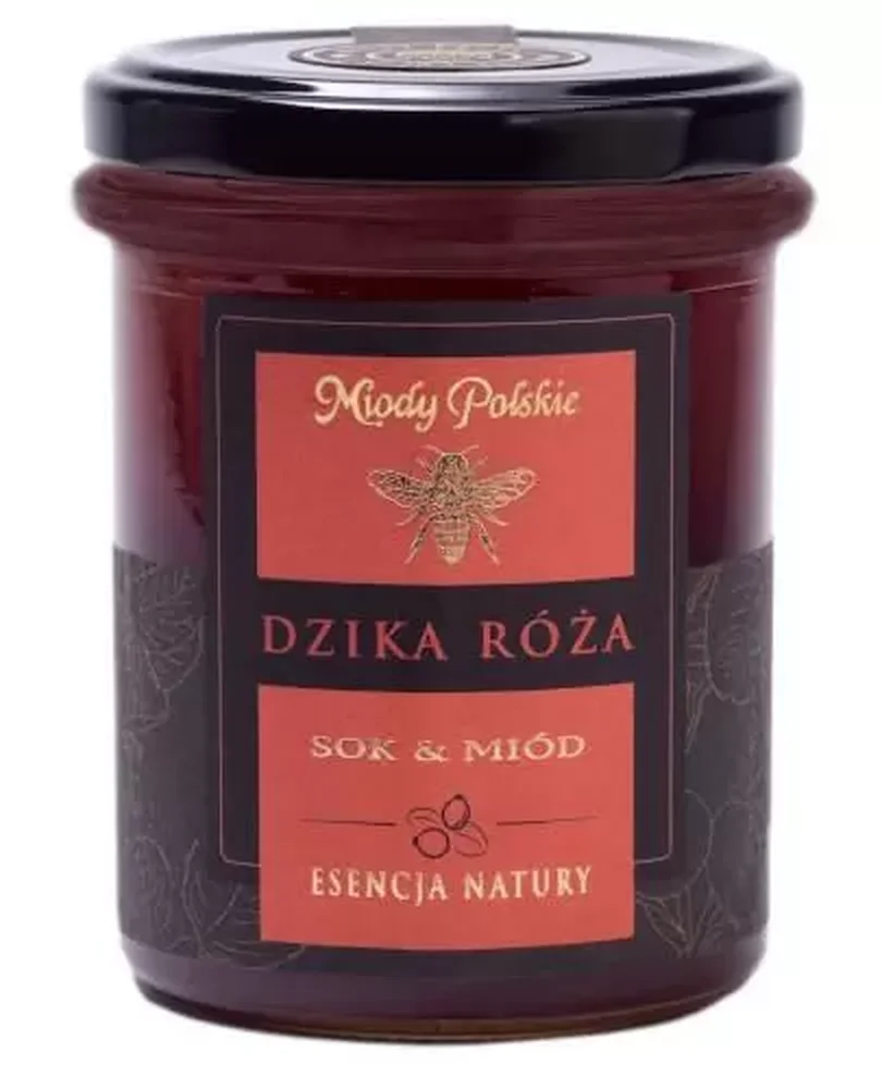 Glas Miody Polskie Wildrosenhonig 250 g mit natürlichen Hagebuttenfrüchten
