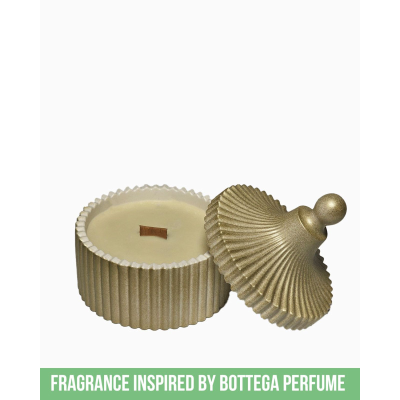 Sojakerze „Bottega Duft“ – 90 ml, luxuriöser Duft aus Blumen und Gewürzen, vergoldetes Gefäß, Holzdocht, elegantes Wohnaccessoire