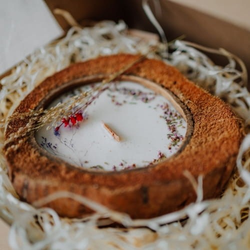 Handgemachte Sojawachs-Kerze in Kokosnussschale mit Magnolia-Duft, getrockneten Blumen und Zitrusnoten, vegan und nachhaltig.