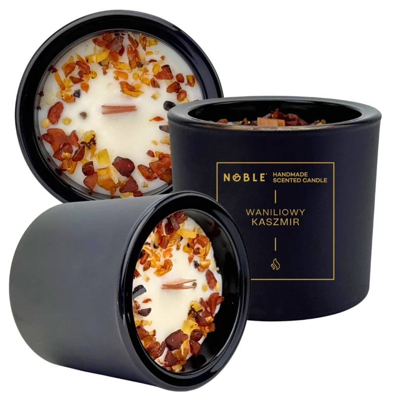 Vanille Kaschmir Sojawachskerze mit Bernstein 210 ml, handgefertigt, sinnlicher orientalischer Duft für Zuhause