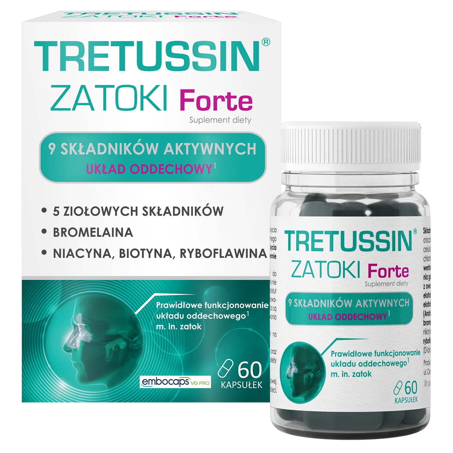 Tretussin Zatoki Forte 60 Kapseln zur Unterstützung von Nebenhöhlen und Atemwegen