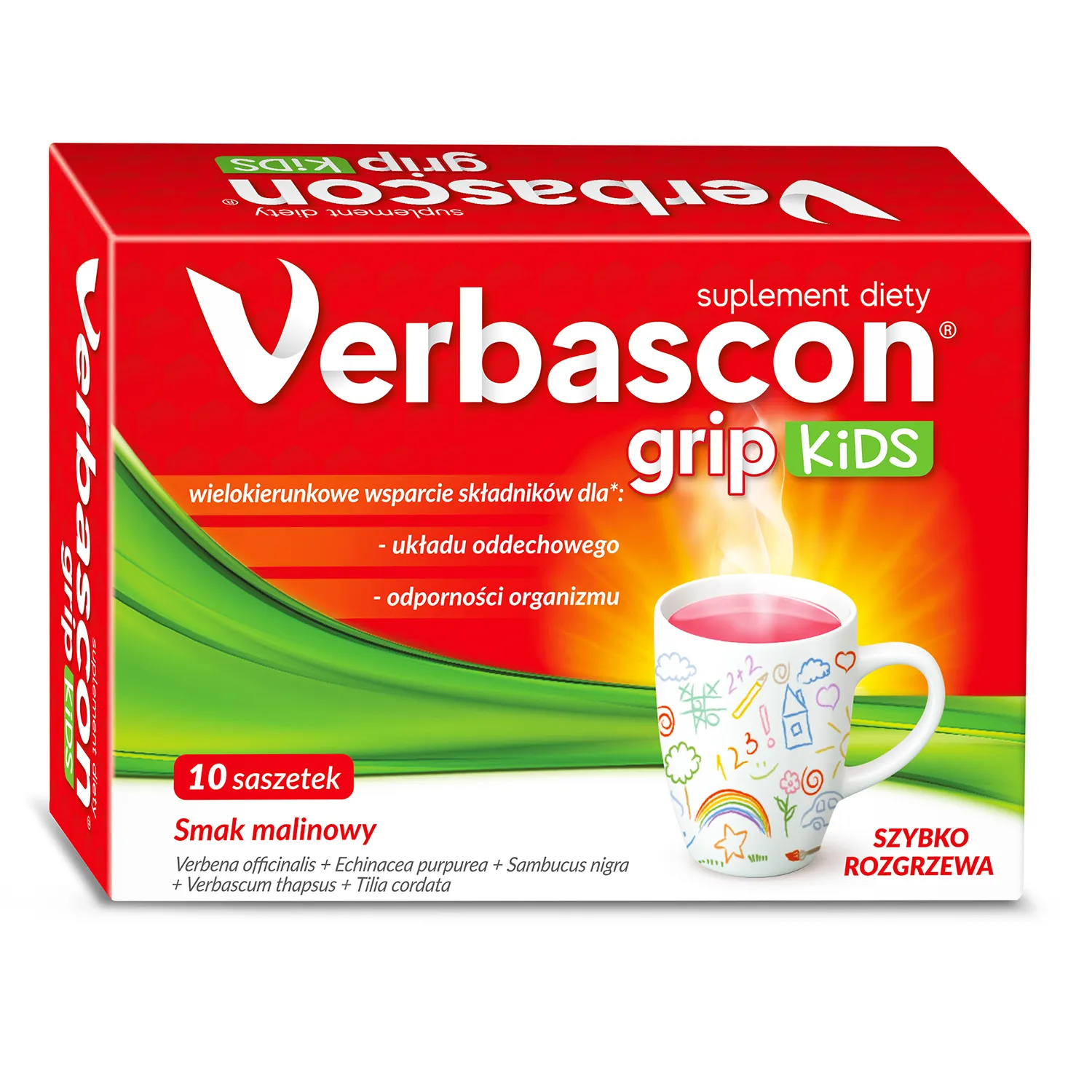 Verbascon Grip Kids Heißgetränk Pulver Himbeergeschmack 10 Beutel