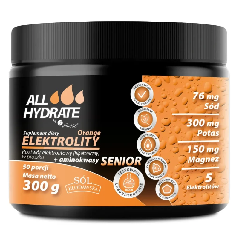 ALLHydrate Elektrolyte Senior mit Aminosäuren Orange 300 g – Elektrolyt Pulver mit Magnesium, Kalium und Calcium für Senioren