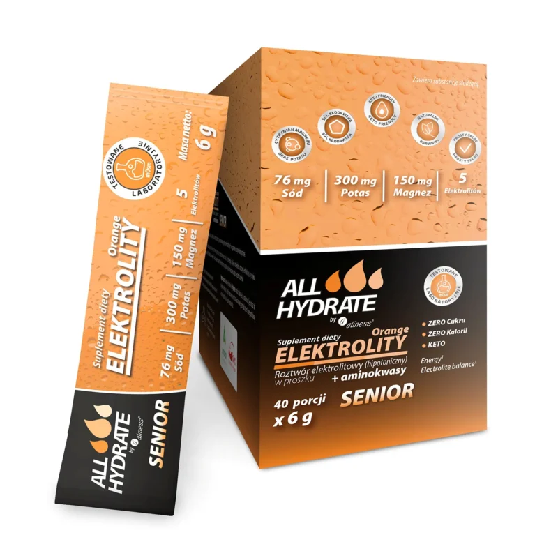 ALLHydrate Elektrolyte Senior mit Aminosäuren Orange – Elektrolyt Pulver für Senioren mit Magnesium, Kalium und Calcium, 40 Beutel