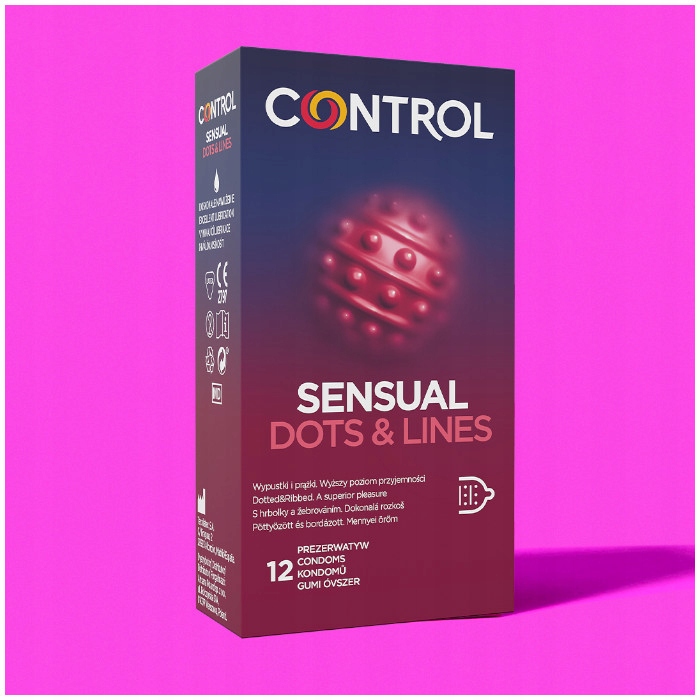 Control Sensual Dots & Lines Kondome 12 Stück – gerippte und genoppte Latexkondome mit Gleitmittel