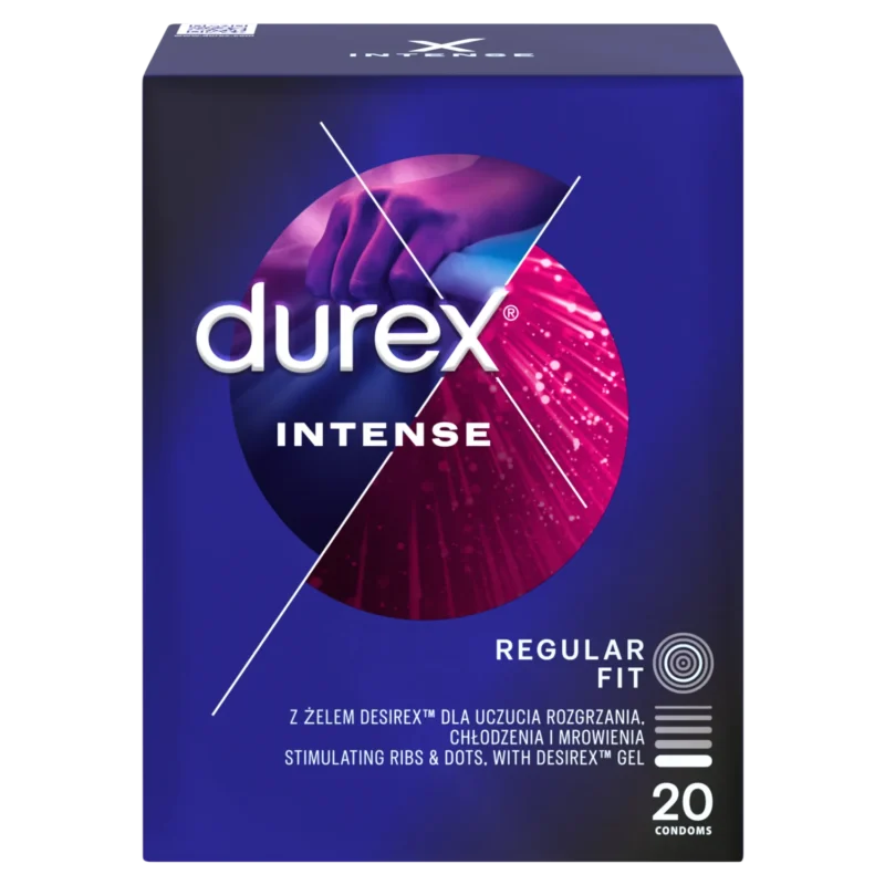 Durex Intense Kondome 20 Stück – gerippte Latexkondome mit stimulierendem Desirex Gel