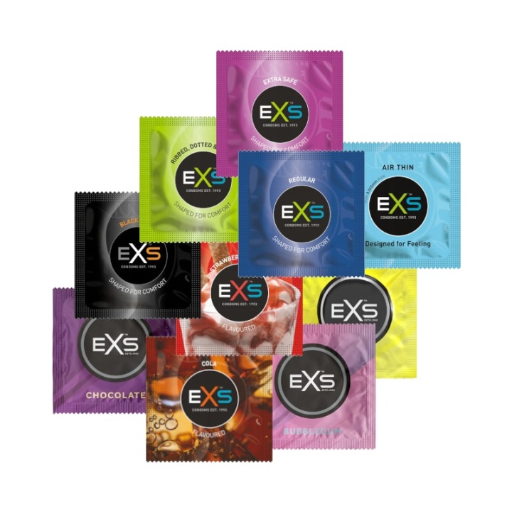 EXS Mix 100 Kondome – Set mit 10 verschiedenen Sorten gerippt, genoppt, dünn und aromatisiert