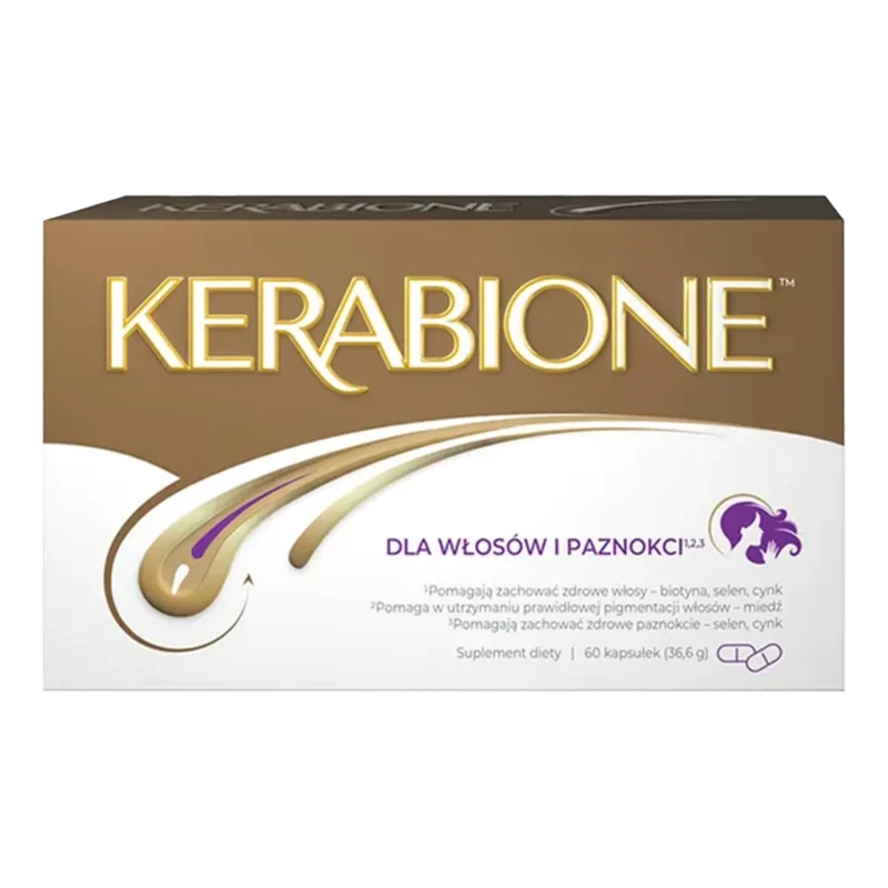 Alt-Text: Kerabione 60 Kapseln Nahrungsergänzung für Haare Haut und Nägel mit Biotin Zink und Hyaluronsäure