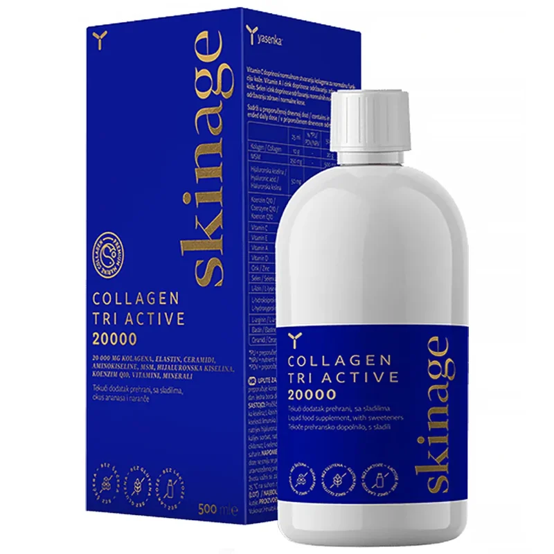 Yasenka Skinage Collagen Tri Active 20000 500 ml Kollagen Drink Orange Ananas mit Q10 und Hyaluronsäure