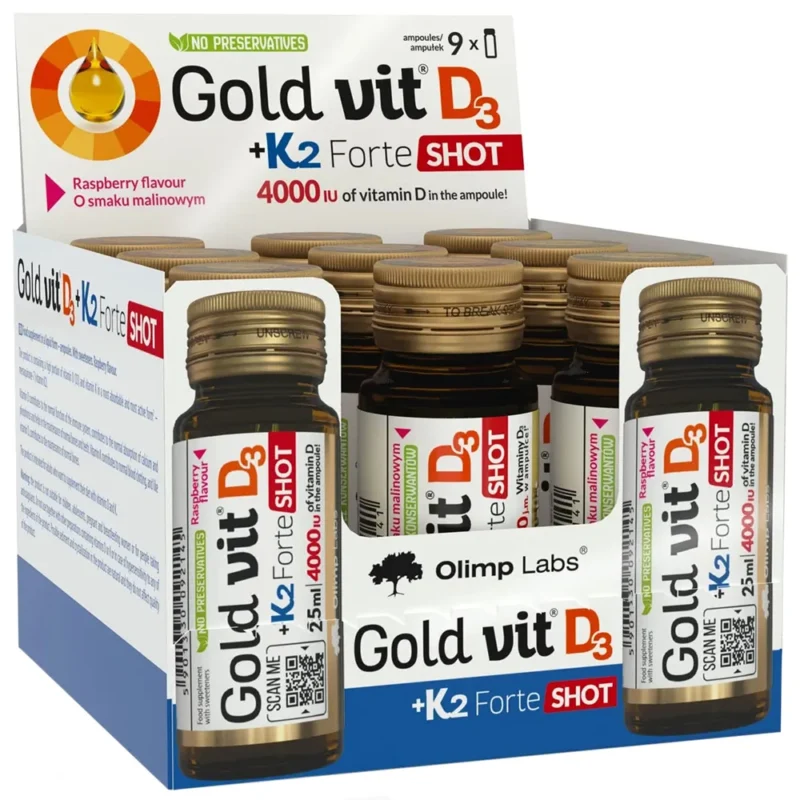 Olimp Gold-Vit D3 + K2 Forte Shot 9x25 ml – Trinkampullen mit Vitamin D3 und K2 Himbeergeschmack