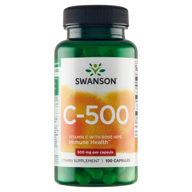 Swanson Vitamin C 500 mg Kapseln mit Hagebutte zur Unterstützung des Immunsystems 100 Stück