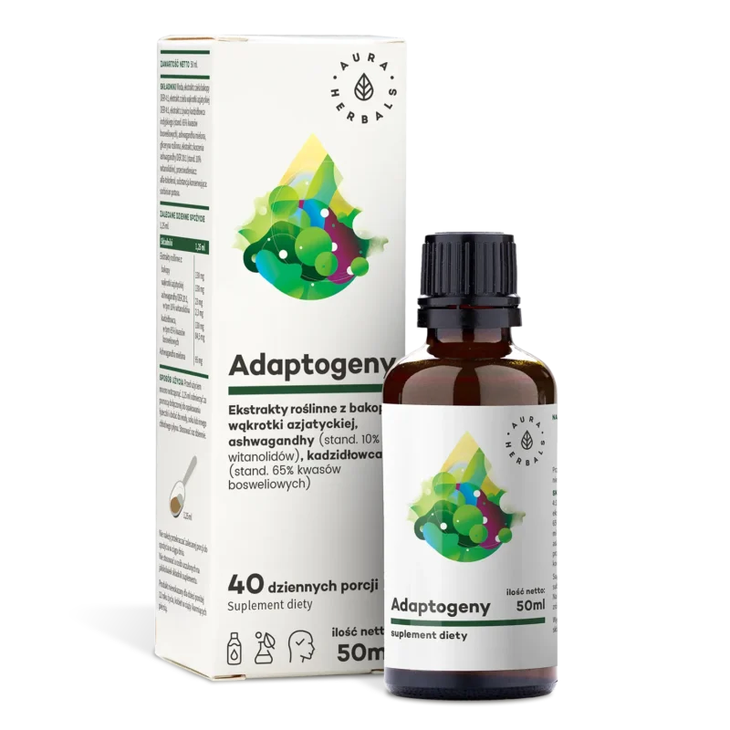 Aura Herbals Adaptogene Tropfen mit Ashwagandha, Bacopa, Gotu Kola und Boswellia zur Unterstützung von Konzentration und Balance.