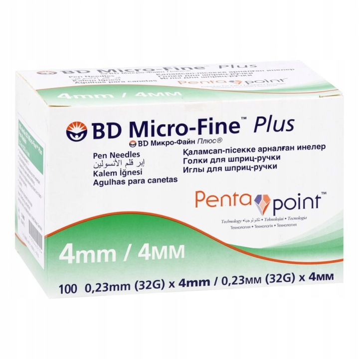 BD Micro-Fine Plus Pen-Nadeln 32G 0,23 mm x 4 mm 100 Stück sterile Insulinnadeln für Insulinpens