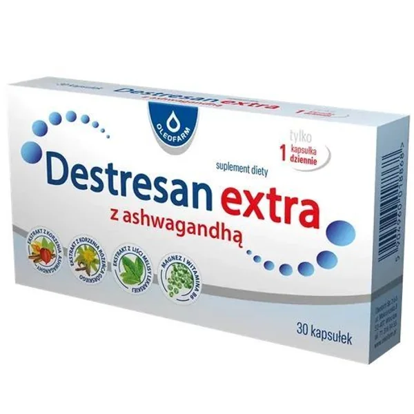 Destresan Extra mit Ashwagandha Kapseln von Oleofarm zur Unterstützung von Entspannung, Nervensystem und Stressbewältigung.