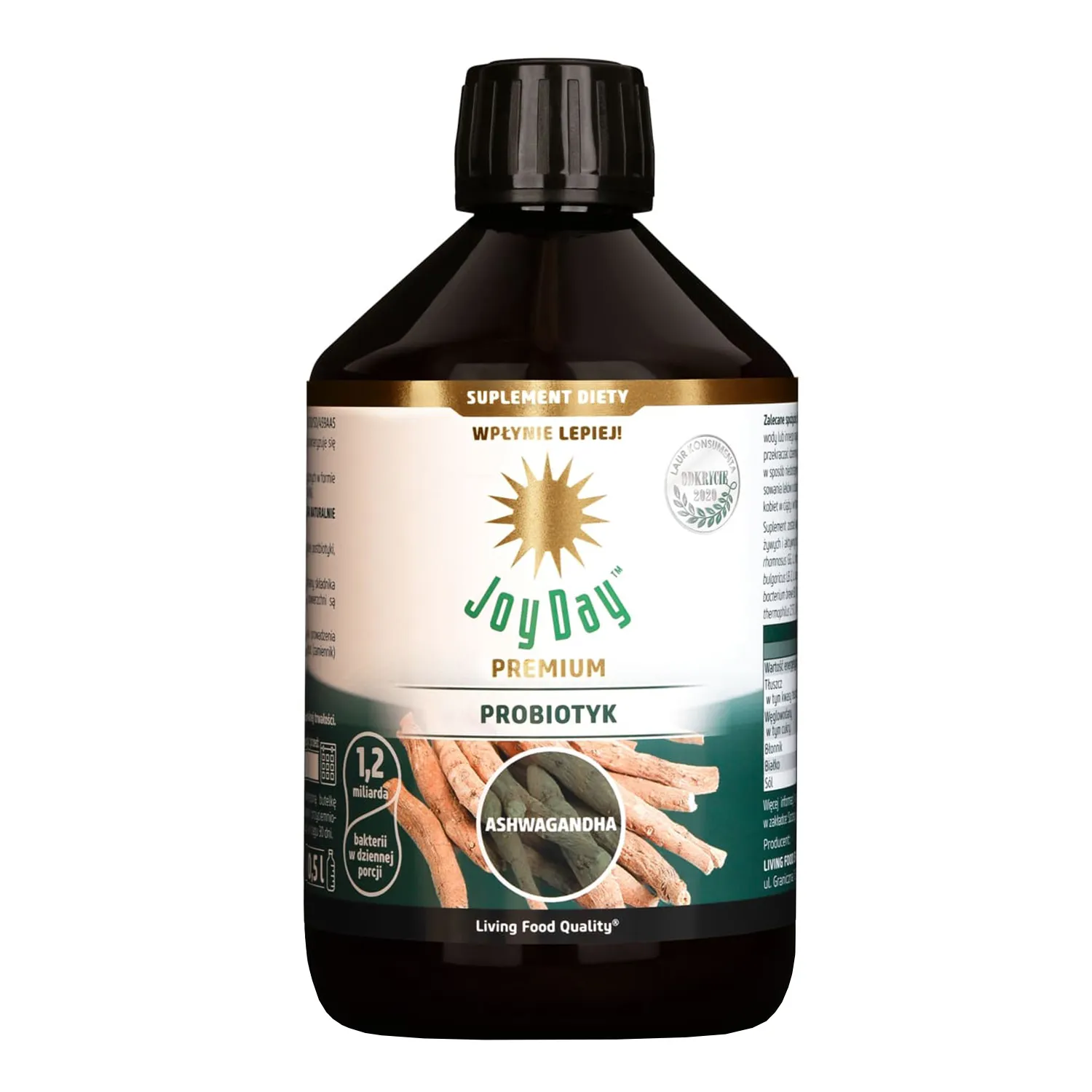 Joy Day Premium Probiotikum mit Ashwagandha Bio-Getränk 500 ml mit lebenden Milchsäurebakterien und fermentiertem Ashwagandha-Extrakt.