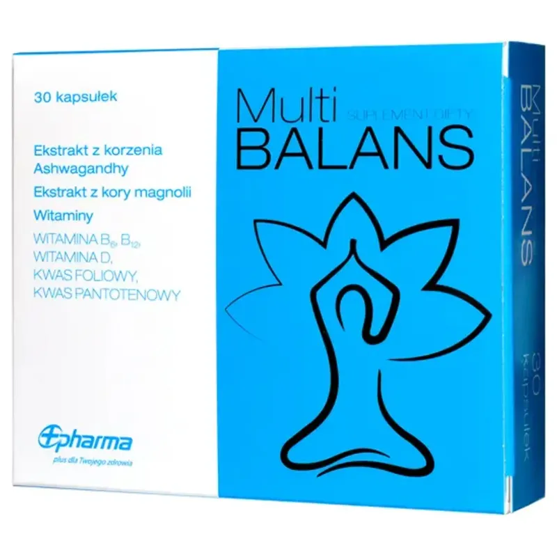 MultiBalans Kapseln mit Ashwagandha, Magnolienextrakt sowie Vitamin D3 und B12 zur Unterstützung des Nervensystems und der mentalen Balance.