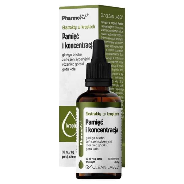 Pharmovit Clean Label Gedächtnis und Konzentration Tropfen mit Ginkgo biloba, Ginseng und Gotu Kola