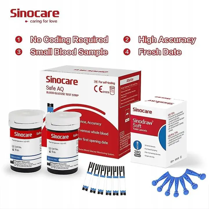 Sinocare Safe AQ Blutzucker-Teststreifen 50 Stück mit Lanzetten zur präzisen Glukosemessung