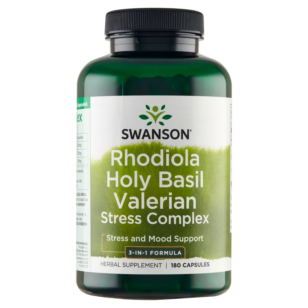 Swanson Stress Complex Kapseln mit Rhodiola Rosea, Tulsi und Baldrian zur Unterstützung von Entspannung und Stressbewältigung.