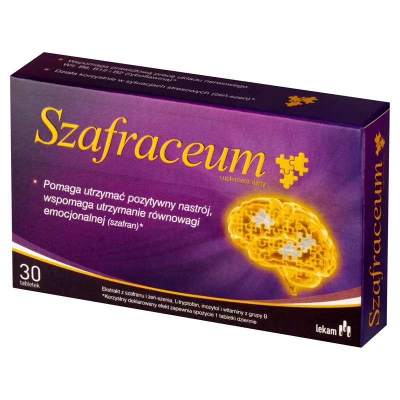 Szafraceum Tabletten mit Safranextrakt, Ginseng, Inositol und B-Vitaminen zur Unterstützung von emotionaler Balance und Nervensystem.