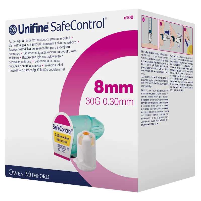 Unifine SafeControl Pennadeln 30G 8 mm mit aktivem Nadelschutz für sichere Insulininjektionen