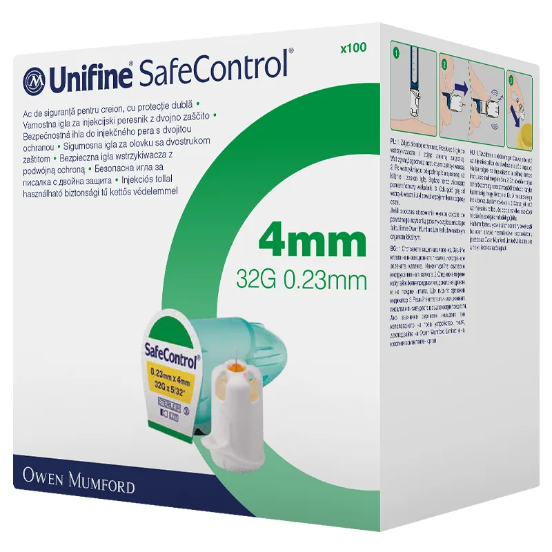 Unifine SafeControl Pennadeln 32G 4 mm mit aktivem Nadelschutz für sichere Injektionen