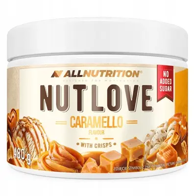 Allnutrition Nutlove Caramello 480 g – cremige Karamellcreme mit Reis-Crispies, ohne Zuckerzusatz und ohne Palmöl.